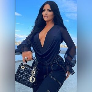 NWT- Fashion Nova- Anything Could Draped Bodysuit - Black
Size: XL